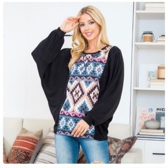 Boho Aztec Print Long Sleeve Top W/ Balloon Sleeves & Black Contrast - Picture 5 of 7